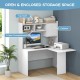L-shaped corner desk in white featuring open storage hutch, cabinet, and two compartments for organized workspace.