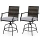 Set of 2 outdoor PE wicker swivel bar stools with grey cushions, featuring a sturdy metal frame and cozy armrests for.