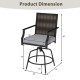 Dimensions of Outdoor PE Wicker Swivel Bar Stool with back, featuring a sturdy metal frame and soft grey cushion for.