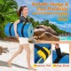 Blue 7' x 2' water mat with safety tether and pillow design, ideal for beach, pool, and lakeside relaxation.