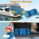 Blue 7' x 2' water mat with safety tether, shown stored in a car for easy transport to lakes and pools.