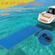 Blue 7' x 2' water mat with 4.9 ft safety tether, designed for lakes and pools, featuring a pillow for added comfort.