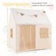 Kids play tent in beige with glow in the dark stars, featuring roll-up door and mesh windows for ventilation.