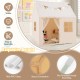 Kids play tent in beige with glow in the dark stars, roll-up door, and mesh windows for breathable playtime fun.