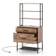 Freestanding file cabinet in rustic brown with 3-tier shelves, 2 drawers, and built-in charging station for office use.
