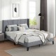 Queen size bed frame with upholstered wingback headboard, wood slat support, and side pockets for storage.