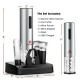 6-in-1 electric wine bottle opener set with stainless steel finish, includes foil cutter, pourer, stoppers, and base.