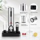 Electric wine bottle opener with sleek stainless steel design, includes foil cutter and storage base for convenient use.