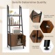 4-tier ladder shelf in rustic brown with a metal frame, featuring a cabinet, adjustable foot pads, and hydraulic hinges.
