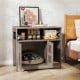Cat litter box enclosure in grey with storage, featuring a hidden washroom and stylish X-shaped decorations.