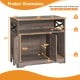 Cat litter box enclosure in grey with storage, featuring dimensions and anti-toppling device for safety and stability.