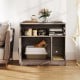 Cat litter box enclosure in gray, featuring storage shelves and a hidden washroom for a tidy pet-friendly space.
