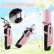 Junior complete golf club set in pink with stand bag, adjustable straps, and auto pop out legs for easy carrying.