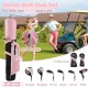 Junior golf club set in pink with stand bag, includes driver, hybrid, irons, and putter for kids aged 11-13.