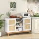 Sideboard buffet cabinet with bamboo woven doors, white finish, and solid wood legs, ideal for kitchen or dining room.