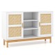Sideboard buffet cabinet with bamboo woven doors, white finish, and solid wood legs for stylish storage in any room.
