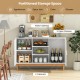 48-inch sideboard buffet cabinet with bamboo woven doors, featuring open shelves and solid wood legs for versatile.