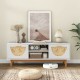 Mid Century Modern TV stand with bamboo woven fronts, featuring 2 drawers and open shelves for electronics, perfect for.