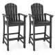 Set of 2 black HDPE outdoor bar stools with armrests, footrest, and slatted design for comfort and durability.