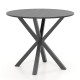 Round 36-inch black dining table with intersecting pedestal base, seats 2-4, featuring a rustic wood grain finish.