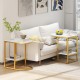 C-shaped modern side table with faux marble top and gold metal frame, featuring two-tier storage for living room use.