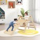 Kids playing on a foldable 3-in-1 climbing set with a natural wood finish, featuring a triangular ladder and ramp.