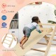 Kids climbing on the foldable 3-in-1 triangular climbing set made of BPA-free solid wood, perfect for indoor play.