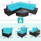 Cushioned 6-piece rattan sofa set in turquoise with durable PE rattan and glass tabletop, ideal for outdoor relaxation.