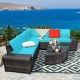 Cushioned 6-piece rattan sofa set in turquoise, featuring a glass-top table, ideal for outdoor relaxation by the.