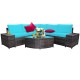 Cushioned 6-piece rattan sofa set in turquoise with glass table, perfect for outdoor relaxation and gatherings.