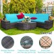Cushioned 6-piece rattan sofa set in turquoise with tempered glass table, perfect for outdoor relaxation and gatherings.