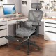 Gray mesh office chair with tilting backrest, retractable footrest, and 3D adjustable armrests for ergonomic support.