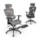 Mesh office chair in gray with tilting backrest, adjustable armrests, and retractable footrest for ergonomic comfort.