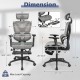 Mesh office chair dimensions with tilting backrest, retractable footrest, and 3D adjustable armrests for ergonomic.