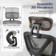 Close-up of the 2D headrest on a gray mesh office chair, featuring height and angle adjustments for optimal neck.