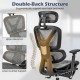 Mesh office chair showcasing double-back structure with lumbar support and tilting backrest for ergonomic comfort.