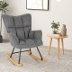 Gray linen nursery rocking chair with high backrest and padded armrests, perfect for relaxing in living rooms or.