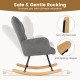 Gray linen nursery rocking chair with high backrest, padded armrests, and rubber wood base for safe, gentle rocking.