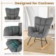 Gray linen nursery rocking chair with high backrest, padded armrests, and solid wood base for comfort and stability.