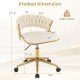 Beige upholstered desk chair with hand-woven back, 360° swivel, and adjustable height for versatile use.