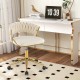 Elegant beige desk chair with hand-woven back, featuring a durable metal frame and smooth PU wheels for effortless.