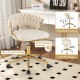 Beige upholstered desk chair showcasing hand-woven tufting and electroplated metal frame for stylish and functional.
