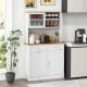 Double tilt-out trash cabinet with hutch and rubberwood countertop, featuring glass doors and storage for kitchen.