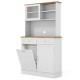 Double tilt out trash cabinet with hutch, rubber wood countertop, and two pull-out drawers for organized storage.