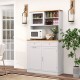 Double tilt-out trash cabinet with hutch, rubberwood countertop, and glass doors for organized kitchen storage.