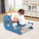 Convertible kids activity table set in blue with easel and whiteboard, perfect for drawing, learning, and dining.