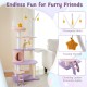 Multi-level cat tower with sisal scratching posts, cozy condo, and star-themed decorations for playful feline fun.