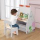 Kids easel and play station in white with chair, featuring chalkboard and whiteboard, perfect for art and learning.
