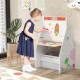 Kids easel and play station in white with storage bins, featuring a chalkboard and whiteboard for creative activities.