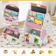 Kids easel and play station with a chalkboard, whiteboard, 2-tier bookshelf, and storage bins for creative activities.